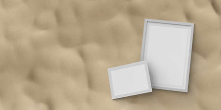 Realistic of photo frame mockup on sand ground, 3d illustrationの写真素材