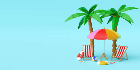 Summer vacation concept, Beach umbrella, chairs and accessories under palm tree on blue background, 3d illustrationの写真素材