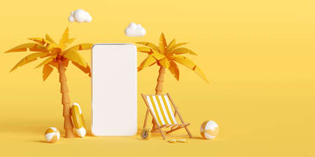 Summer vacation concept, Smartphone mockup with beach chair and beach accessories, hotel resort restaurant ticket tour booking reservation app on smartphone, 3d illustrationの写真素材