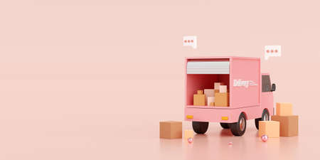 E-commerce concept, Transportation shipment delivery by truck, 3d illustrationの写真素材