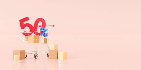 Shopping banner with special offer discount up to 50%, 3d illustrationの写真素材