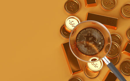 Magnifying glass close up at Bitcoin BTC among gold bar and dollar coinの写真素材
