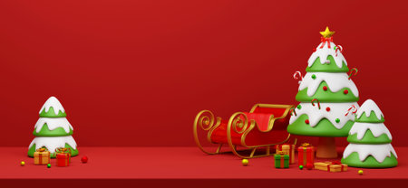 Christmas banner postcard scene of Christmas tree with sleigh and presents, 3d illustrationの写真素材
