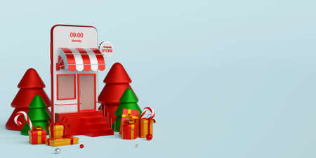 Christmas banner of Christmas shopping online on smartphone concept, 3d illustrationの写真素材