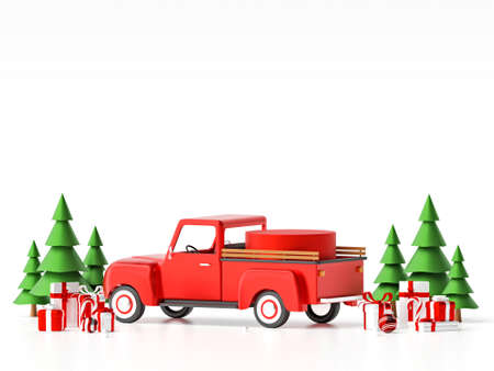 Geometric podium on Christmas car with Christmas gift for product advertisement, 3d illustrationの写真素材