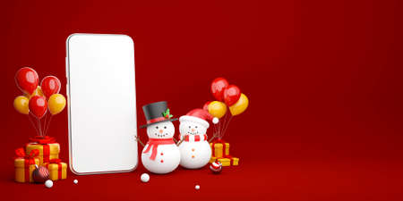 3d illustration of Smartphone with snowman and Christmas gift, Merry Christmasの写真素材
