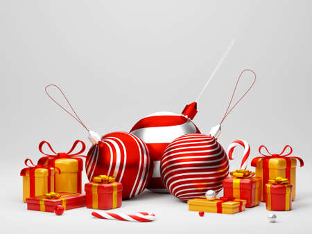 3d illustration of Christmas ball and gift box on white backgroundの写真素材