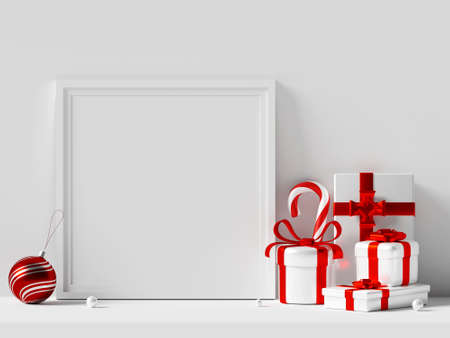 Frame mockup with Christmas ornaments, 3d illustrationの写真素材