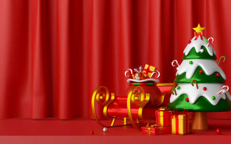 Christmas postcard of Christmas tree and sleigh on red curtain background, 3d illustrationの写真素材