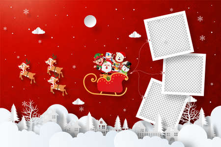 Santa Claus and friends on a sleigh with snowman holding photo frame flying in the villageのイラスト素材