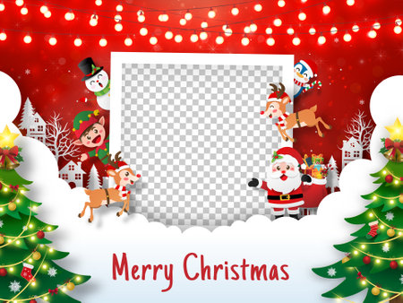Merry Christmas and Happy New Year, Christmas postcard of photo frame with Santa Claus and friends, Paper art styleのイラスト素材