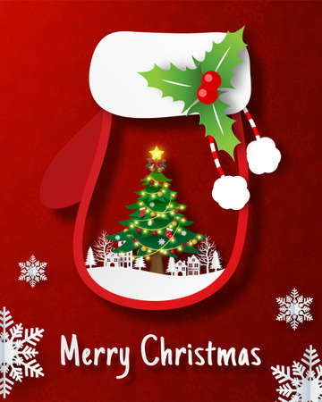 Christmas postcard of Christmas tree and the village in Christmas gloveのイラスト素材