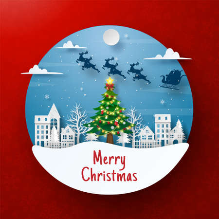 Postcard of Santa Claus with sleigh on the sky in the villageのイラスト素材