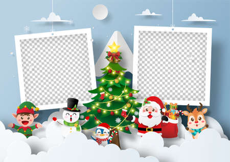 Santa Claus and friend at the snow mountain with blank photo frameのイラスト素材