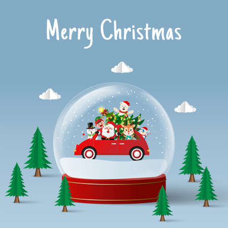 Christmas banner of Santa Claus and friend in snow globeのイラスト素材