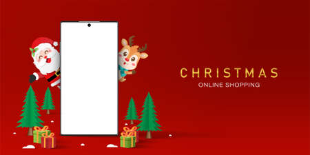Christmas shopping online on smartphone concept, Blank screen smartphone with Santa Claus and reindeer, Merry Christmasのイラスト素材
