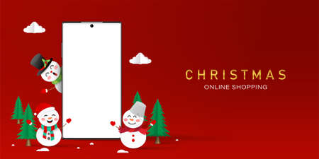 Christmas shopping online on smartphone concept, Blank screen smartphone with Snowman, Merry Christmasのイラスト素材