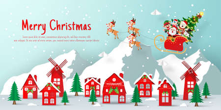 Christmas banner paper cut illustration of Santa Claus and friend coming to the villageのイラスト素材