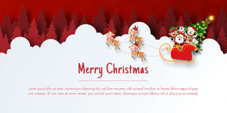 Christmas banner postcard of Santa Claus on a sleigh, Paper cut illustrationのイラスト素材