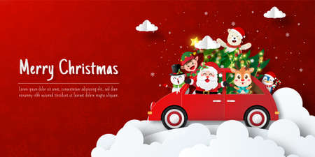 Christmas postcard banner of Santa Claus and friends on Xmas carのイラスト素材