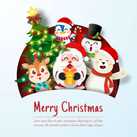 Christmas postcard of Santa Claus and friend, Merry Christmas and Happy New Yearのイラスト素材