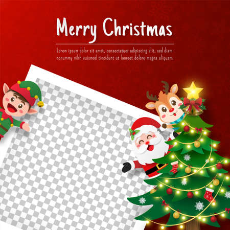 Christmas photo frame with Santa Claus and friend, Paper cut illustrationのイラスト素材