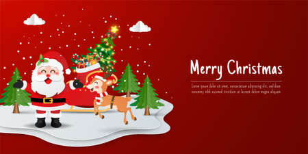Merry Christmas and Happy New Year, Christmas banner postcard of Santa Claus and reindeer with sleigh in pine forestのイラスト素材