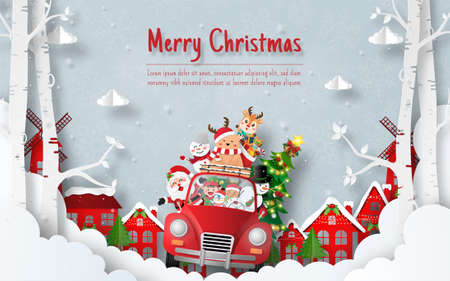 Christmas postcard of Santa Claus and friends riding Xmas car in the villageのイラスト素材