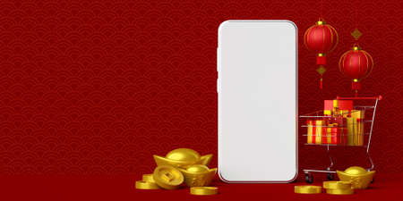 3d illustration of Chinese new year banner with smartphone with hanging lantern, shopping online conceptの写真素材