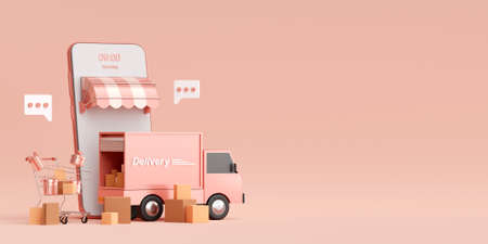 E-commerce concept, Delivery service on mobile application, Transportation delivery by truck, 3d...