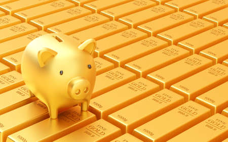 Golden piggy bank with stack of gold bar, Saving gold concept, 3d illustrationの写真素材