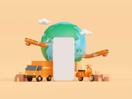 Global logistics, delivery and cargo transportation via smartphone, 3d illustrationの写真素材