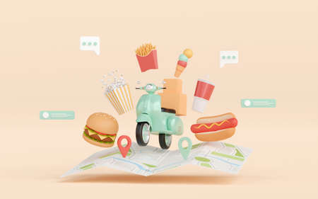 3d illustration of Banner of food delivery by scooterの写真素材