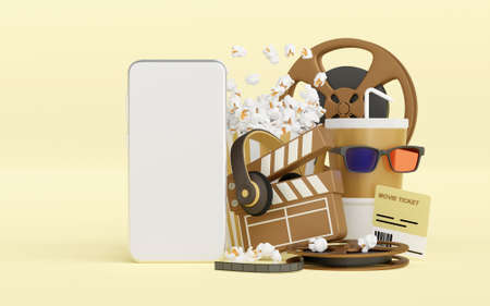 3d illustration of Streaming online application, watching movie online on smartphone or buy ticket...
