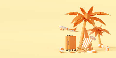 Summer vacation concept, Beach chairs and accessories under palm tree, 3d illustrationの写真素材
