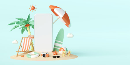 Summer vacation concept, Smartphone mockup on the beach with  beach accessories, hotel resort restaurant ticket tour booking reservation app on smartphone, 3d illustrationの写真素材