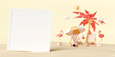 3d illustration of blank photo mockup on the beach with summer backgroundの写真素材