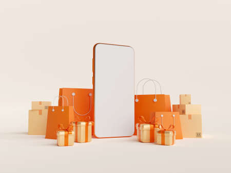 Digital marketing concept, Shopping Online on mobile application, Web banner background, 3d...