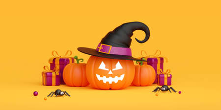 3d illustration banner of Jack O Lantern wear witch hat with gift box, Happy Halloween