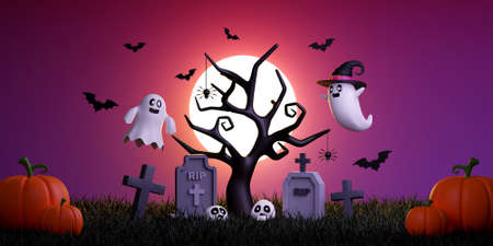 Cute ghost in the cemetery on a full moon night, Happy Halloween day 3d illustrationの写真素材