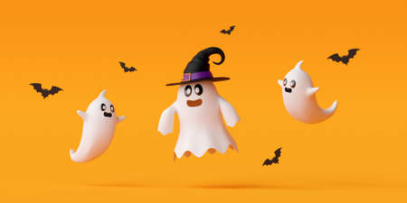 Cute ghosts with bat on yellow background, Happy Halloween day 3d illustrationの写真素材
