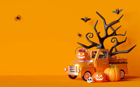 3d illustration of Happy Halloween banner with Jack O Lantern pumpkins and Halloween truck