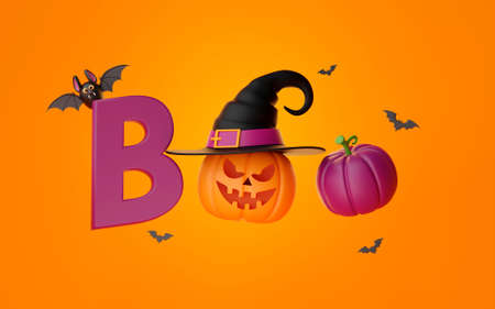 3d illustration of Happy Halloween banner with Jack O Lantern pumpkinsの写真素材
