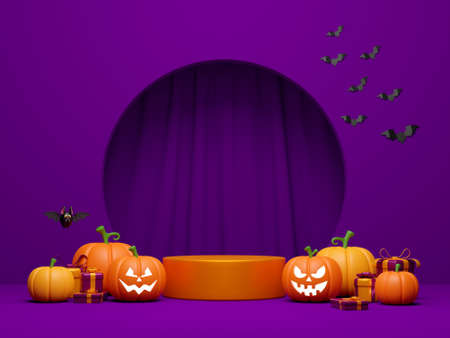 3d illustration of Halloween podium with Jack O lanternの写真素材