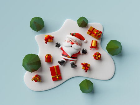 Top view of Santa Claus lay on snow ground with gift box, 3d illustrationの写真素材
