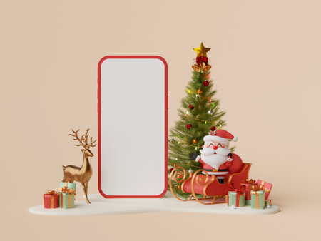 Christmas shopping online on mobile concept, Blank screen mobile with Santa Claus, Christmas tree and decoration on snow ground, 3d illustrationの写真素材