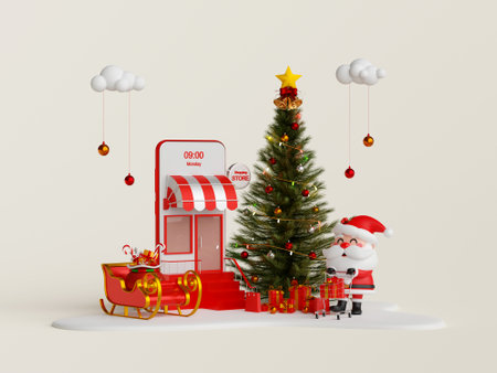 Christmas shopping online on mobile concept, Santa Claus pushing a shopping cart with gift box in front of mobile shop, 3d illustrationの写真素材