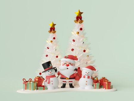 Christmas theme banner of Santa Claus and snowman with Christmas tree and gift box, 3d illustration