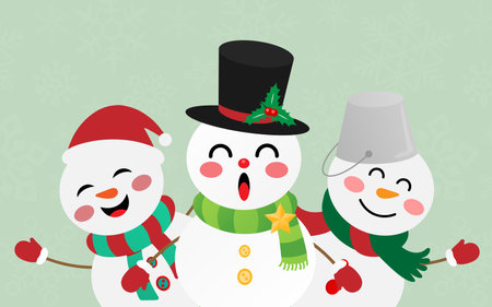 Christmas postcard of cute cheerful snowman, Merry Christmas and Happy New Yearのイラスト素材