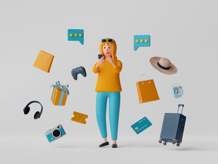 3d illustration of woman shopping online via application on smartphone with shopping item.